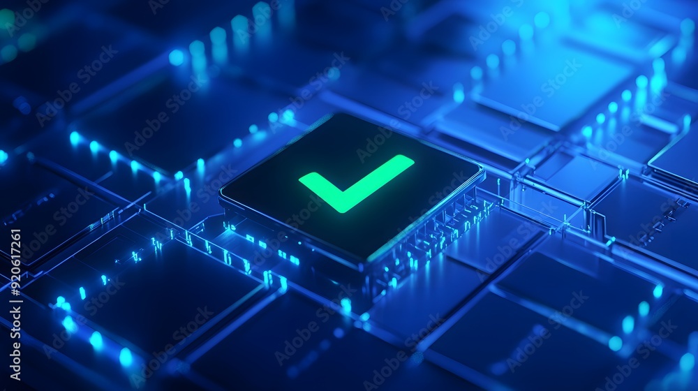 Poster futuristic technology background with a glowing green checkmark icon on a digital circuit board, rep