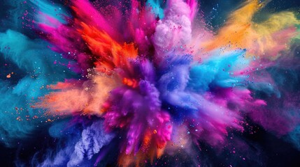 Bright colorful paint explosion with multicolored powder burst on black background.
