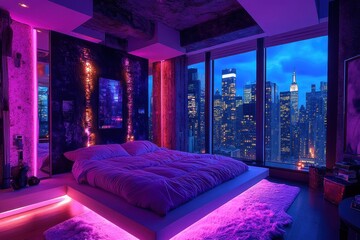 Modern Urban Bedroom with Neon Lighting Overlooking City Skyline at Night
