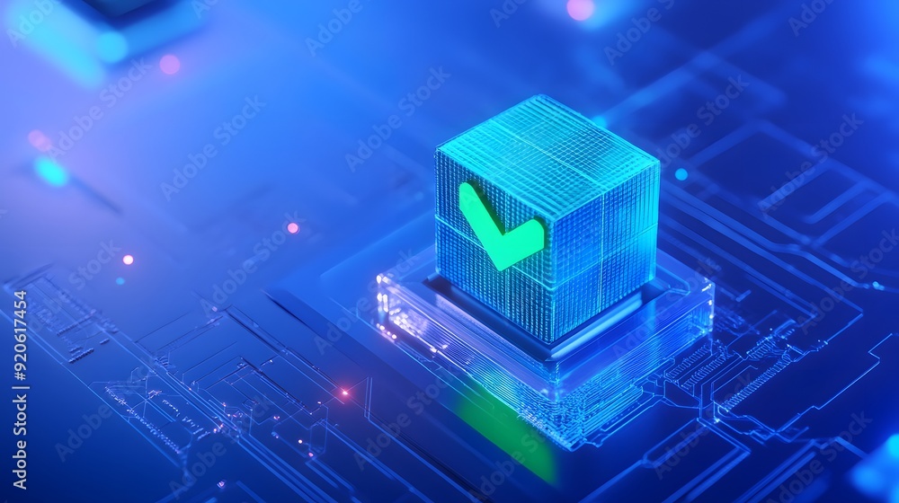 Poster futuristic technology concept with a glowing blue cube and check mark, representing secure and verif