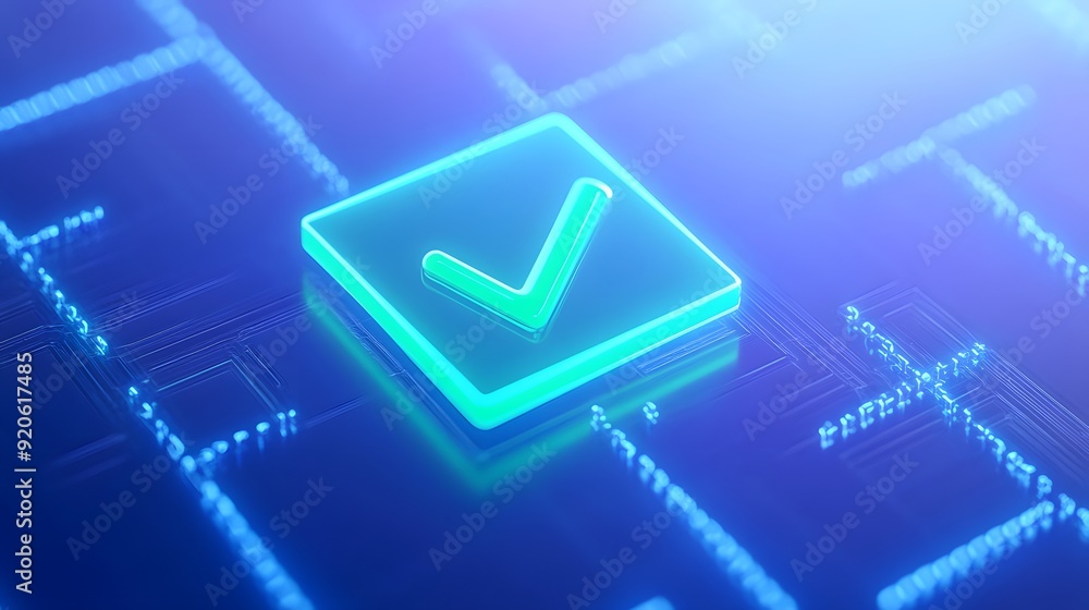 Poster glowing checkmark button on a digital futuristic circuit board. concept of approval, validation, and