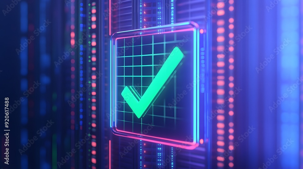 Aufkleber glowing checkmark icon on a digital screen with neon lights, representing technology and network ver