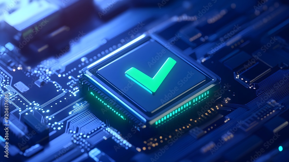 Aufkleber glowing cpu circuit board with a green checkmark symbol indicating successful connection. futuristic