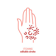 Itching icon. Editable stroke. Eczema, psoriasis linear sign.