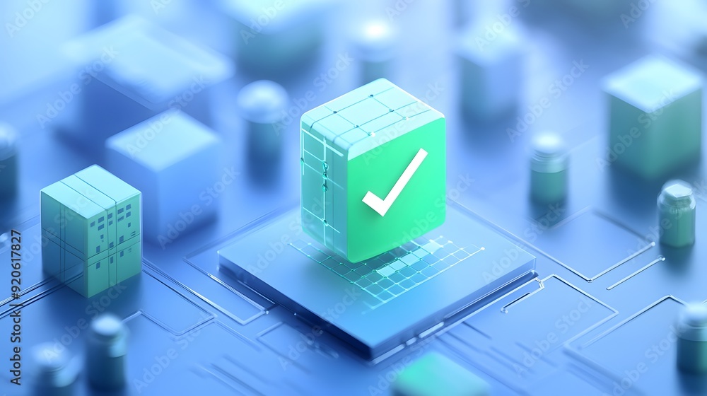Poster green checkmark cube on circuit board representing technology and approval in digital concept.