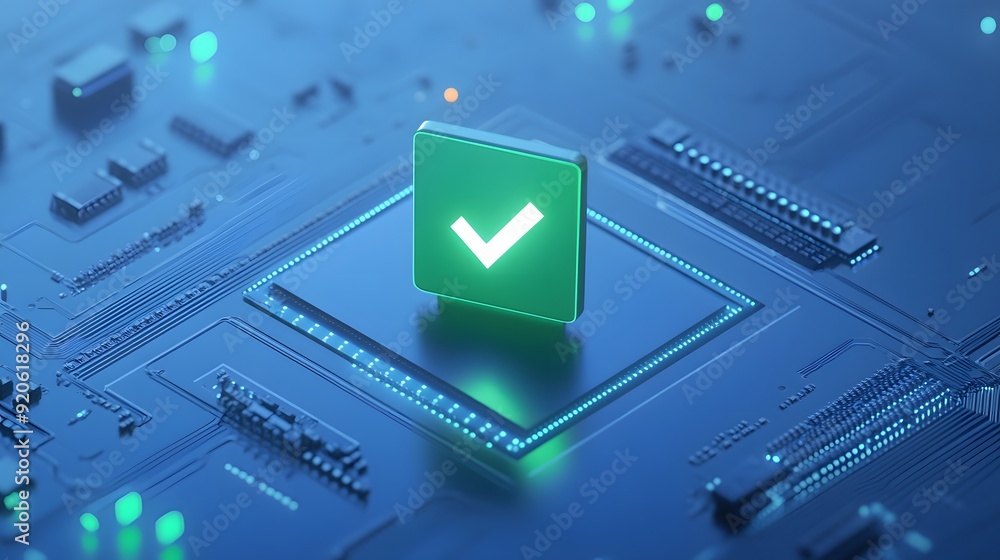 Poster green checkmark symbol on a futuristic digital circuit board representing data validation or system 