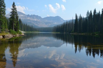 Crystal clear water reflecting the blue sky and clouds on a pristine mountain lake surrounded by pine trees