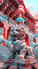 Obraz premium Cyber stone lion statue and lantern abstract background