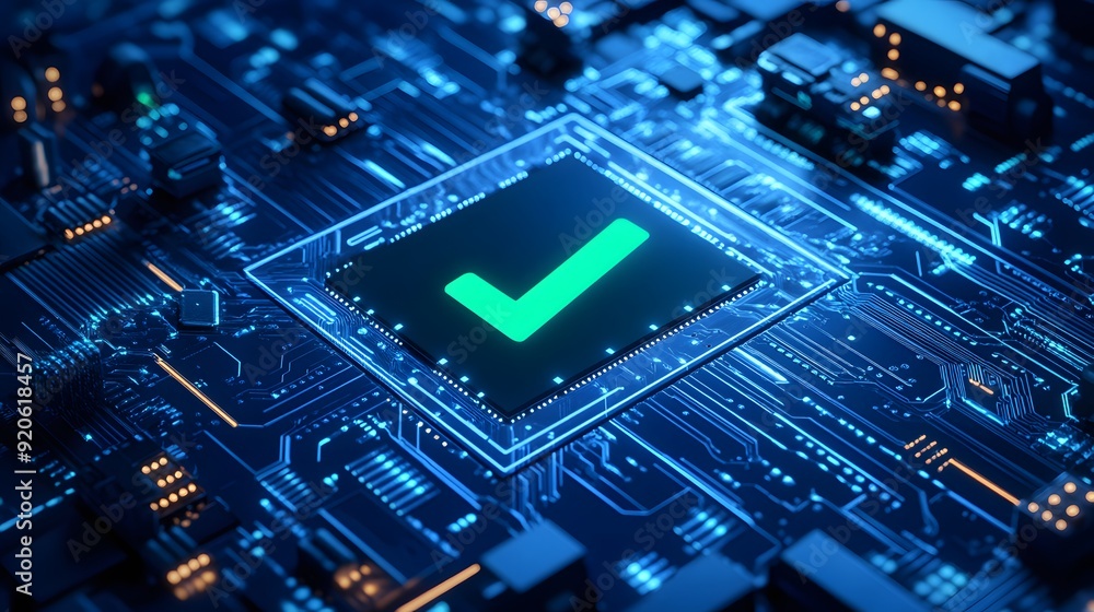 Poster high-tech circuit board with a glowing green checkmark represents successful verification or approva