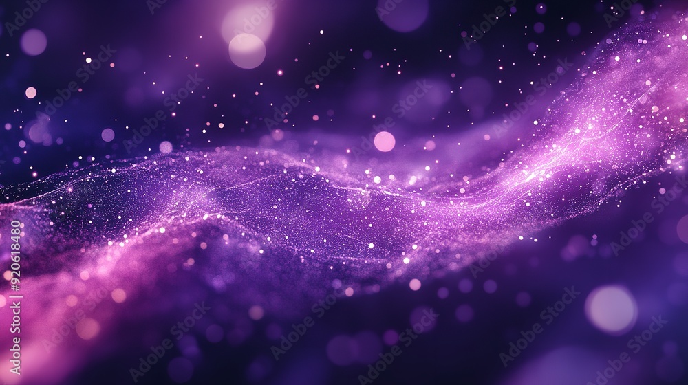 Poster digital purple particles wave and light abstract background with shining dots stars. hyper realistic