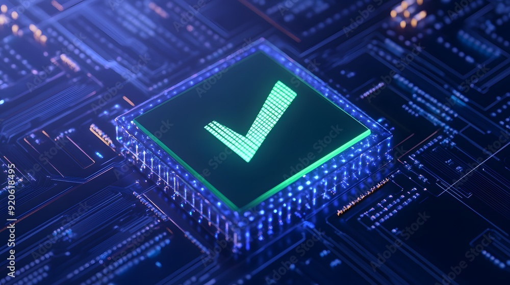 Poster high-tech circuit board with glowing checkmark, representing digital verification, cybersecurity, an