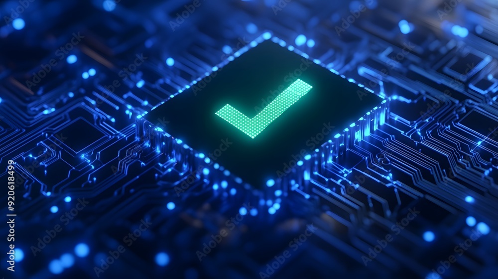 Poster high-tech circuit board with a glowing green checkmark symbolizing validation, technology, and digit