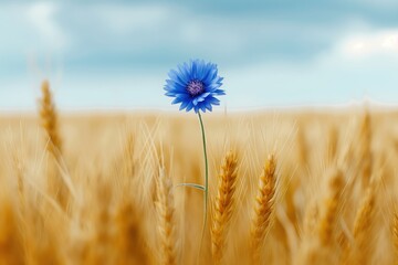 Obraz premium Single blue cornflower is blooming in a field of golden wheat under a blue cloudy sky
