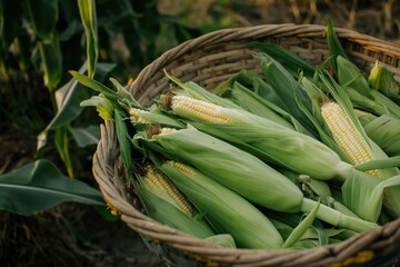 Fototapeta premium Wicker basket overflowing with freshly picked corn on the cob, suggesting a bountiful harvest