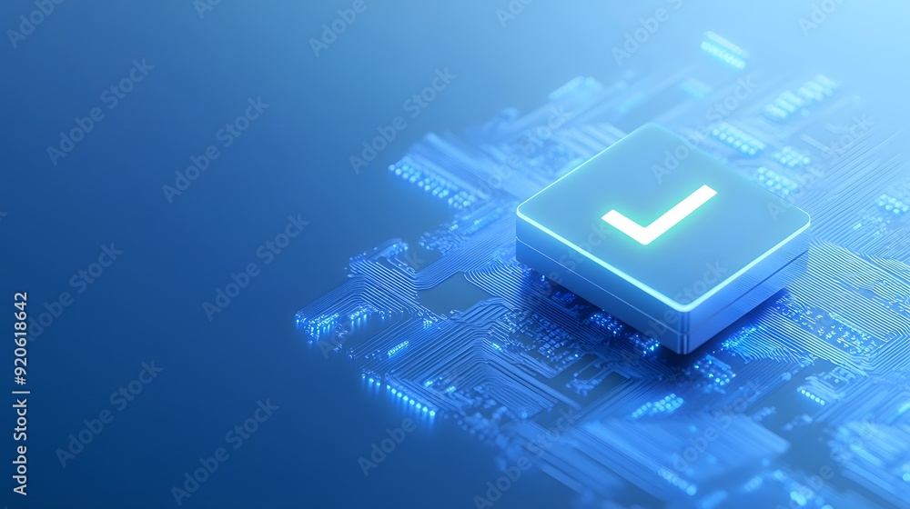 Poster high-tech concept featuring a glowing digital checkmark on a printed circuit board, representing dig