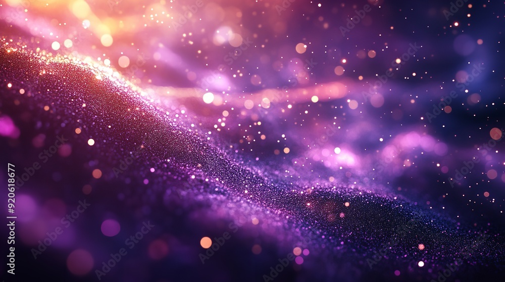 Poster digital purple particles wave and light abstract background with shining dots stars. hyper realistic