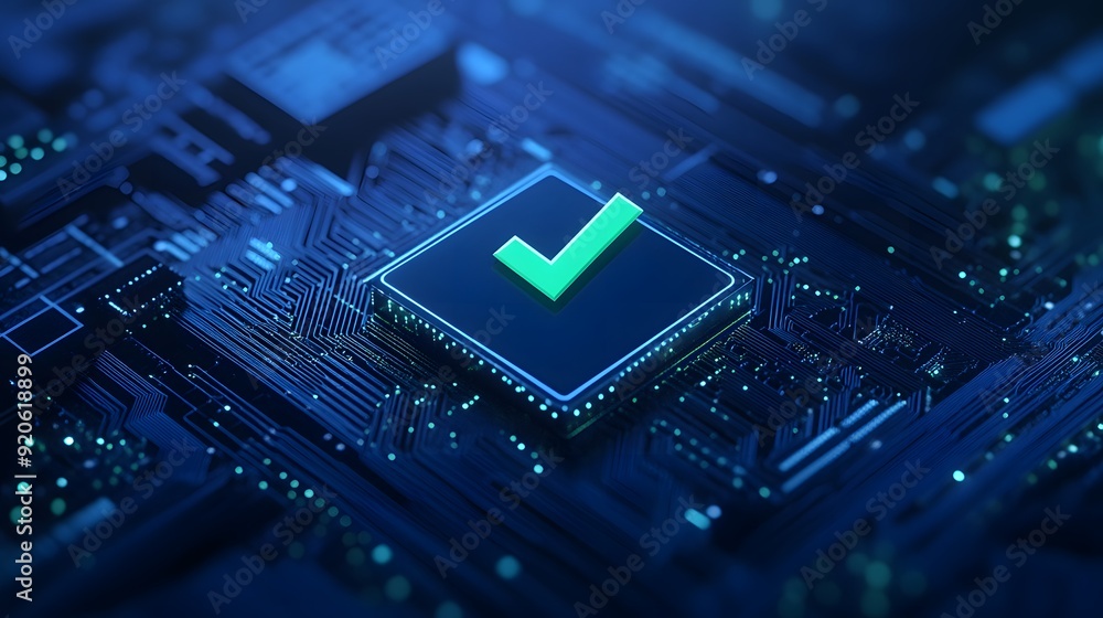 Aufkleber illustration of a microchip with a checkmark, symbolizing successful processing, computing power, an