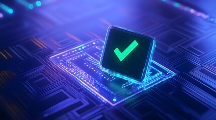 Illuminated checkmark sign on a futuristic microchip, symbolizing successful technology integration and advanced cyber security verification.