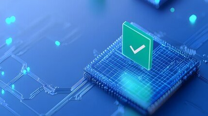High-tech microchip with a green checkmark symbolizing security and reliability in digital technology. Blue background with glowing circuits.