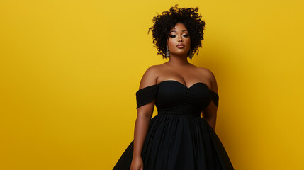 A full body photo of an African American woman with natural hair, plus size model wearing a black off the shoulder ball gown dress against a solid yellow background, with professio