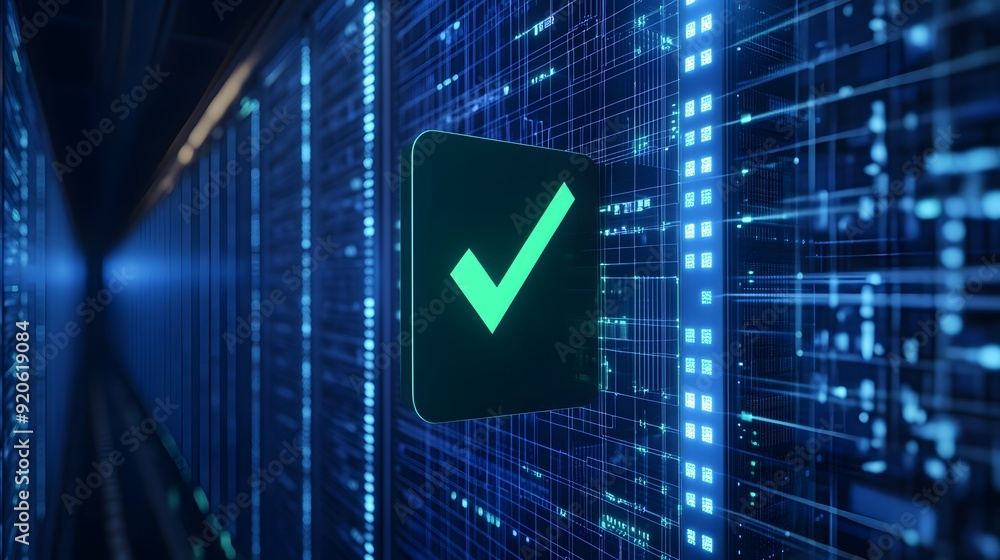 Aufkleber secure data center with glowing blue digital interface and green checkmark symbolizing successful op