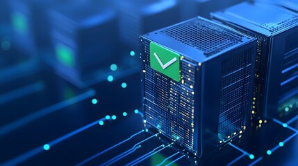 Modern server room with glowing checkmark, highlighting data security and technology reliability in a blue-lit environment.