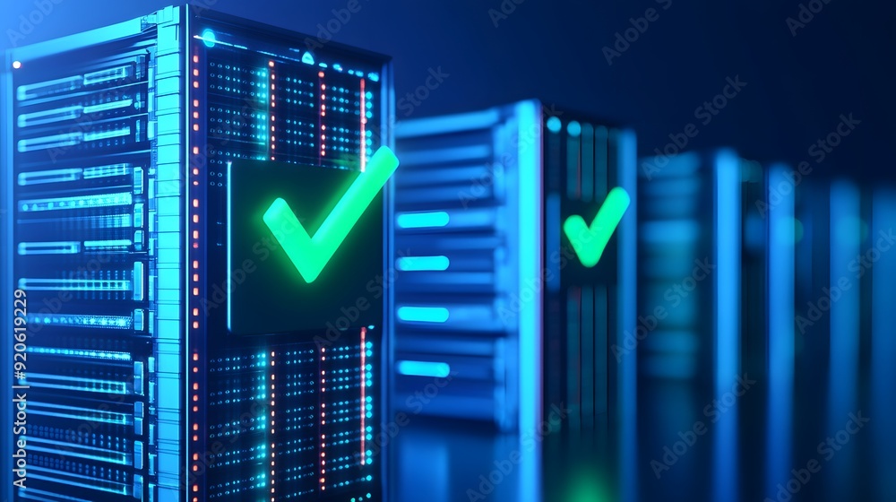 Poster server racks with green checkmarks indicating secure, functional systems in a modern data center wit