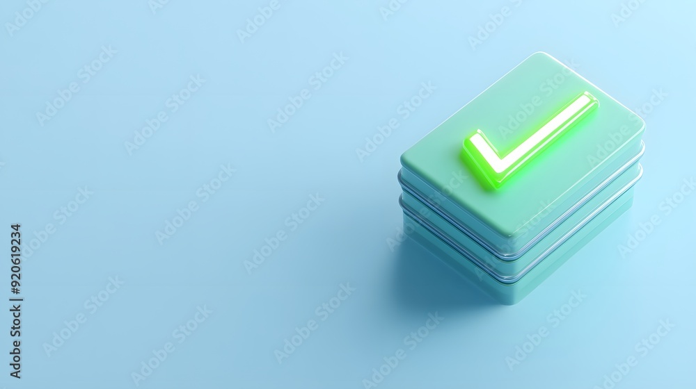Poster stack of blue blocks with a glowing green checkmark on top, isolated on a light blue background, sym