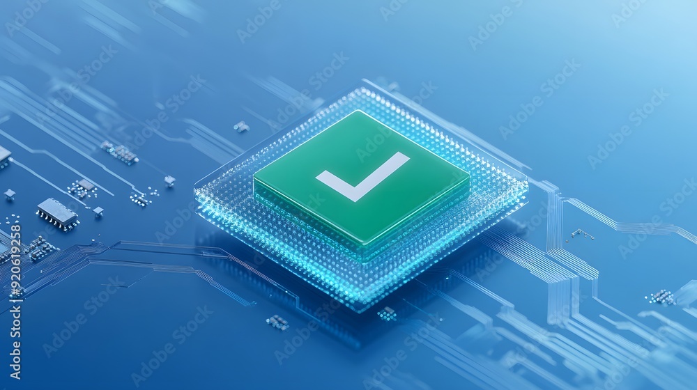 Poster tech concept: green checkmark on a microchip, symbolizing approval or confirmation in digital techno