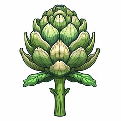 Fototapeta premium Cartoon illustration of an artichoke with a green stem and leaves.