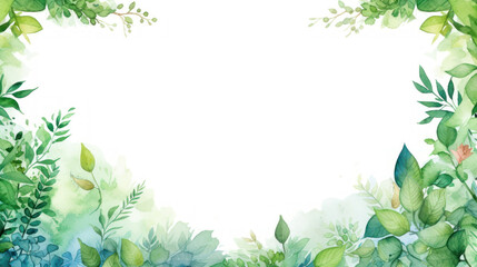 Naklejka premium Spring Frame Background with empty space. Frame with a white center, surrounded by watercolor illustrations of various plants and flowers. Green leaves. Empty white space in the middle. Greeting cards