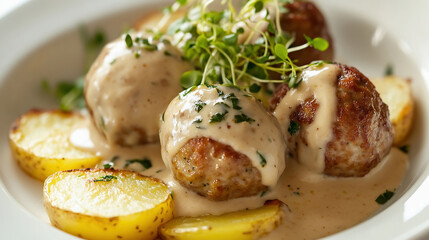 meatballs with yellow potatoes on a white plate, a traditional German dish