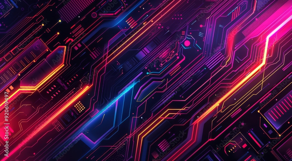 Poster a vibrant and dynamic abstract circuit board design featuring an array of striking neon colors and p