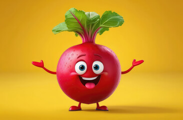 healthy nutrition illustration - funny radish with arms, legs and smiling face on yellow background,