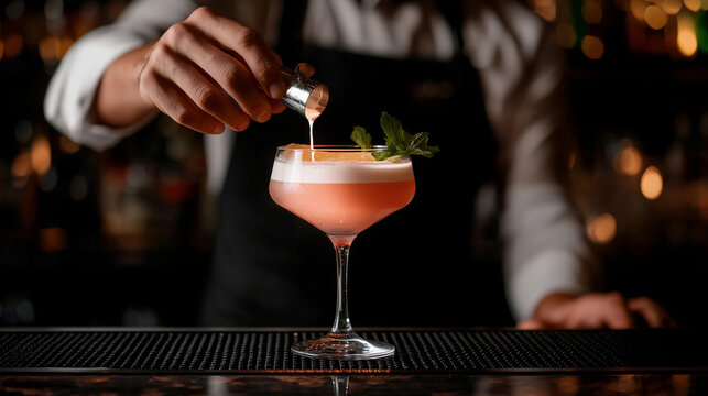 A bartender crafting a signature cocktail in a chic hotel bar, symbolizing creativity, precision, and the art of mixology in hospitality, symbolizing elegance, craftsmanship, and t