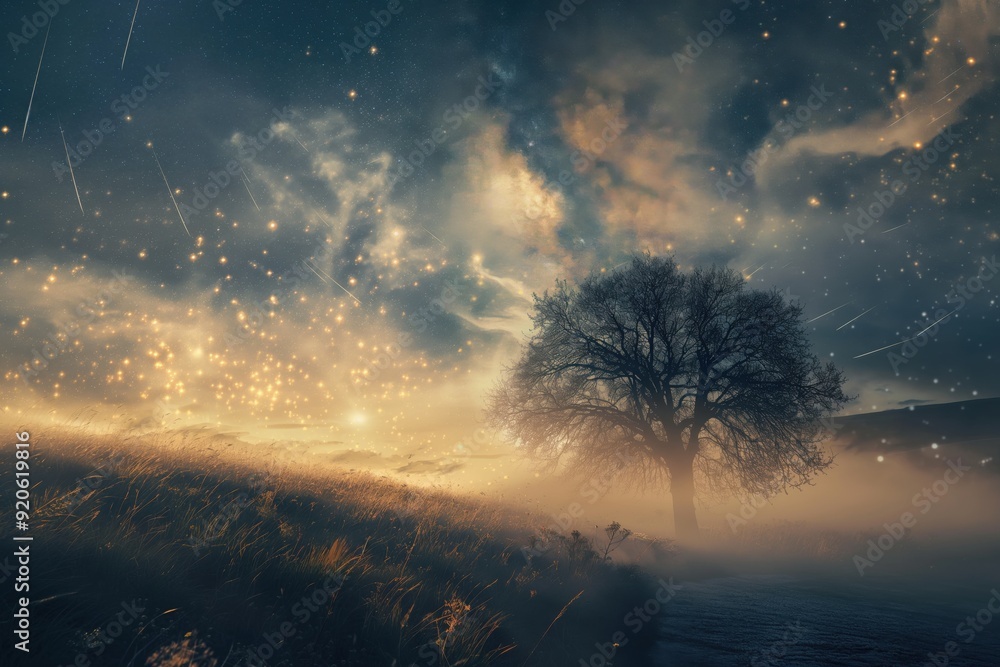 Poster surreal landscape showing a bare tree in a field with shooting stars illuminating the foggy horizon 