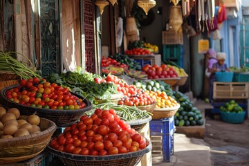 Baskets overflowing with fresh, colorful produce create an appealing display at a traditional moroccan market