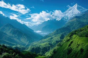 Breathtaking panorama of a majestic snow capped mountain range dominating a lush green valley, with a clear blue sky and fluffy white clouds © Татьяна Евдокимова