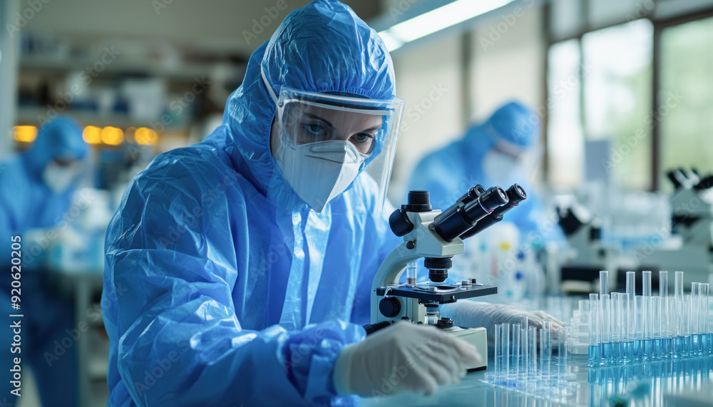 Poster scientist in protective suit analyzing samples under microscope in laboratory