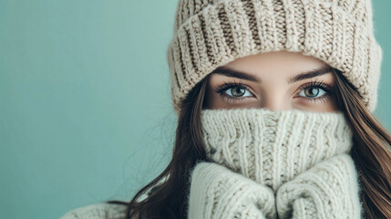 Portrait of a beautiful woman wearing a winter hat and knitted sweater covering her face, looking at the camera isolated on a pastel green background with copy space, a close-up sh