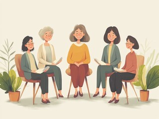 Obraz premium Senior Women Reading Group Gathering in Cozy Setting with Plants and Books