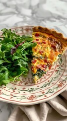 Traditional french pie. Quiche Loraine with mushrooms, broccoli, tomatoes and cheese. top view, in ceramic baking dish on heat-resistant stand. AI generated illustration