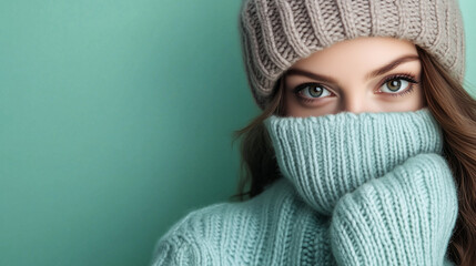 Portrait of a beautiful woman wearing a winter hat and knitted sweater covering her face, looking at the camera isolated on a pastel green background with copy space, a close-up sh