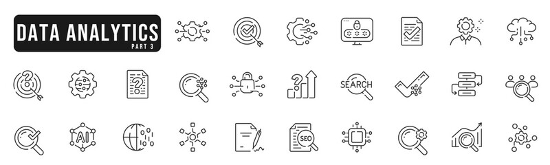 Set of data analysis line icons. Graph, search, network, cloud, database etc. Editable stroke. Part 3