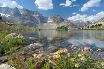 Pristine alpine lake is reflecting the surrounding mountains on a beautiful sunny day with wildflowers blooming in the foreground