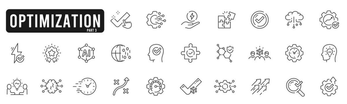 Set of optimization related line icons. Process, automation, productivity etc. Editable stroke. Part 3