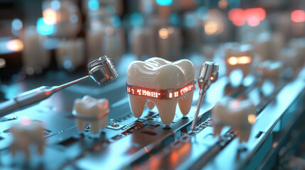 Futuristic dental technology concept with digital teeth model and advanced tools in a high-tech environment, glowing lights.