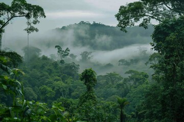Obraz premium Enveloped in fog, lush rainforest canopy creates a mystical atmosphere, showcasing nature's beauty in a vibrant ecosystem