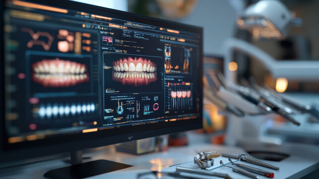Dental clinic computer screen displaying dental X-rays and tools on a table, representing modern dental technology and care.