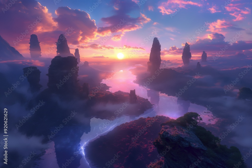 Poster river flowing through a magical dreamscape with floating islands and a colorful sunset in the backgr